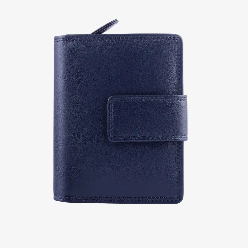 Soft navy leather trifold purse with secure tab fastening – front view