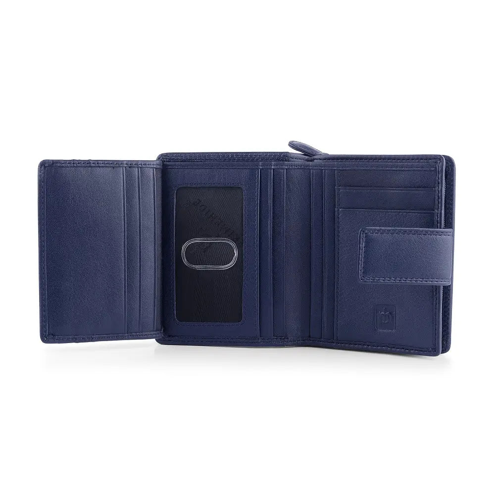 Soft navy leather trifold purse with secure tab fastening – open view