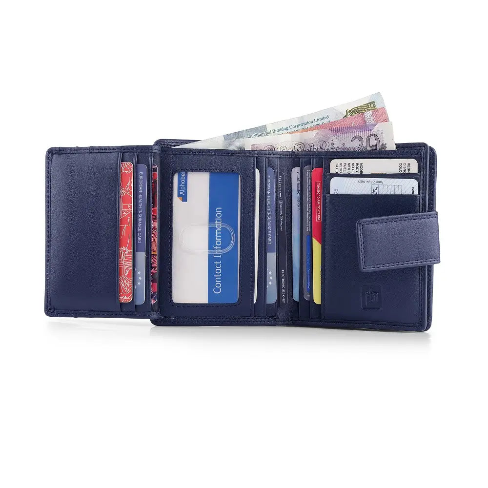 Soft navy leather trifold purse with secure tab fastening – organised view
