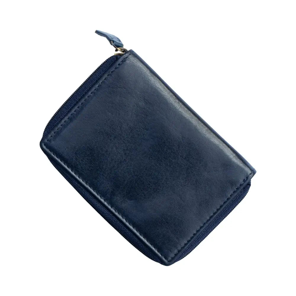 Navy blue zippered pouch on a white background