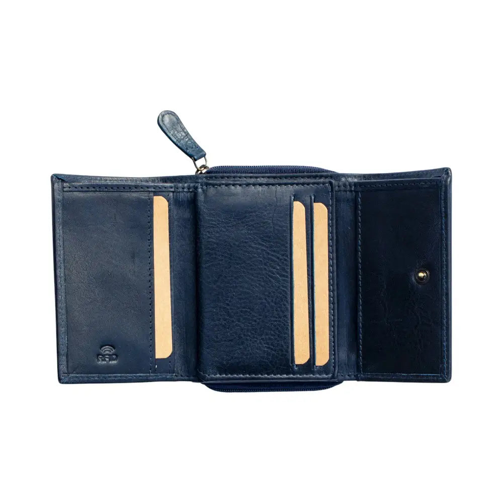 Navy  leather wallet with gold accents on a white background