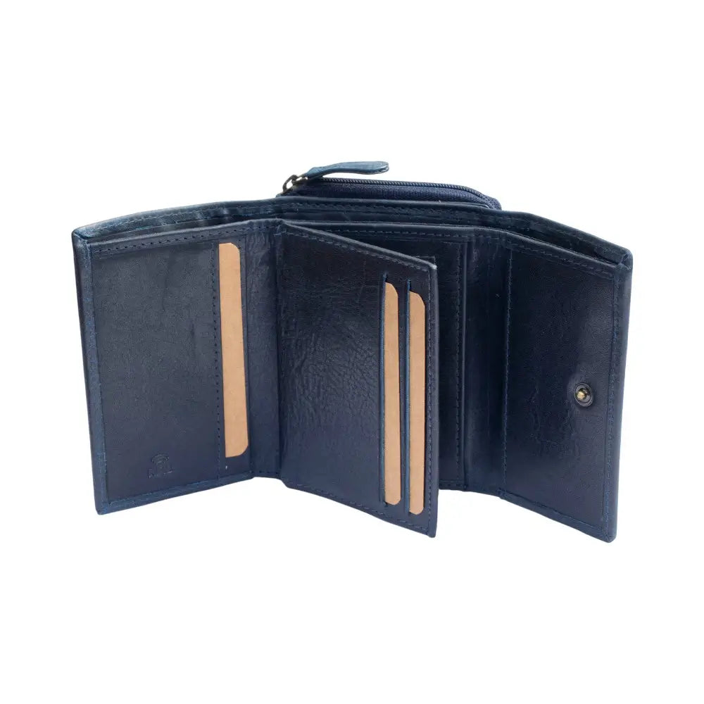 Open navy blue leather wallet on a white background