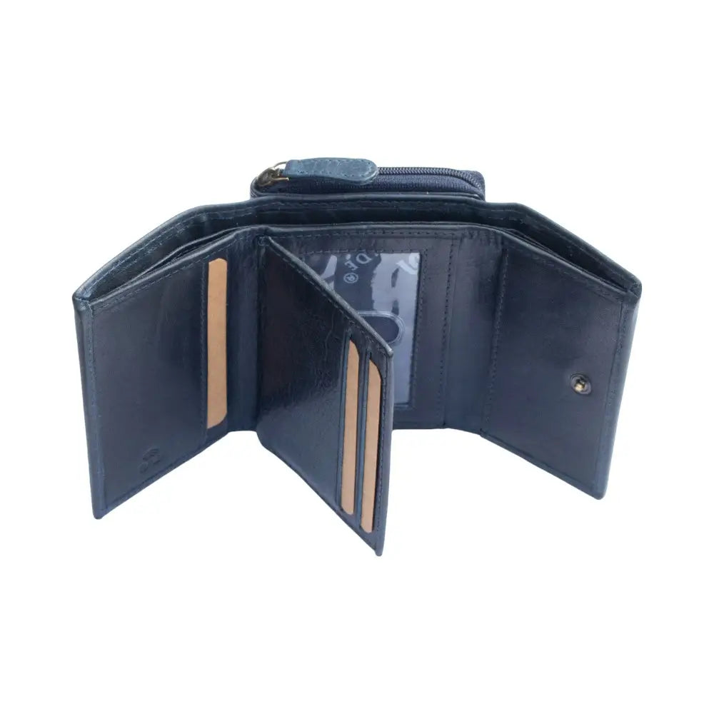 Open navy blue wallet with card slots on a white background
