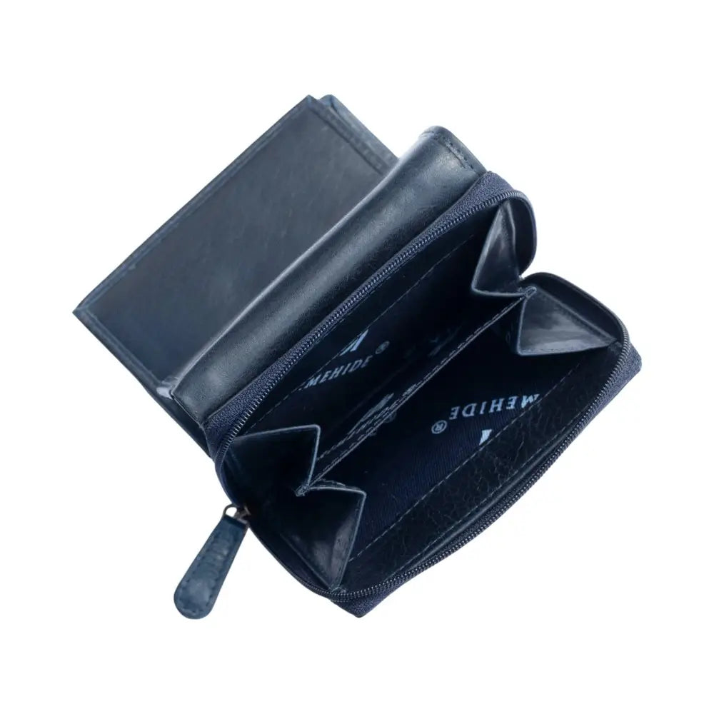 Navy  leather wallet with visible brand name on a white background