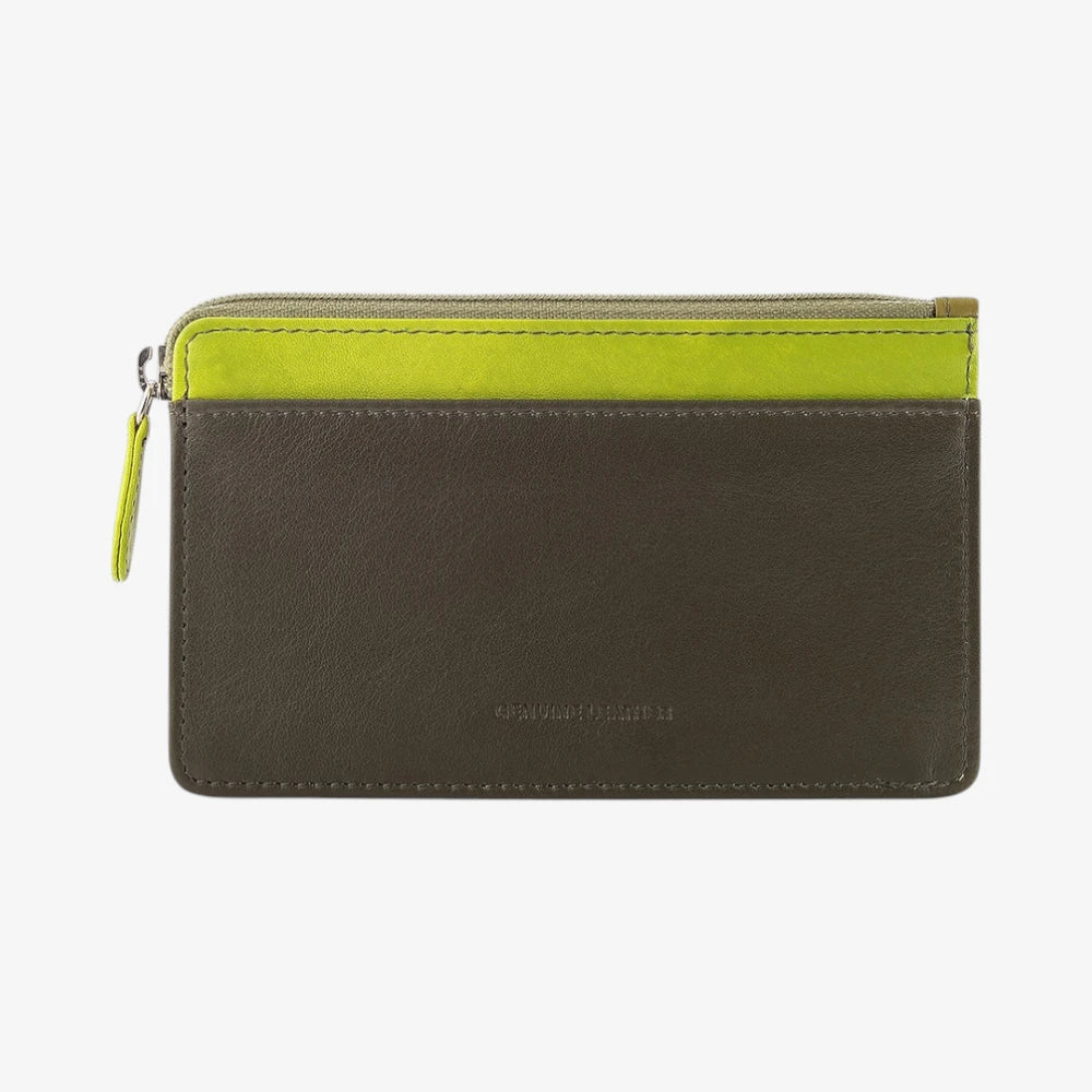Green and brown wallet with a zipper on a white background