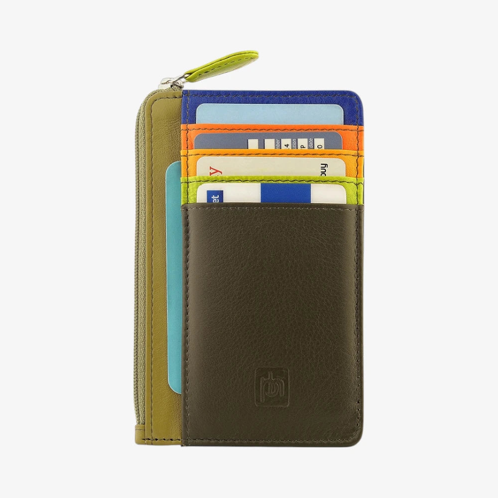 Olive Leather cardholder purse with visible cards on a white background