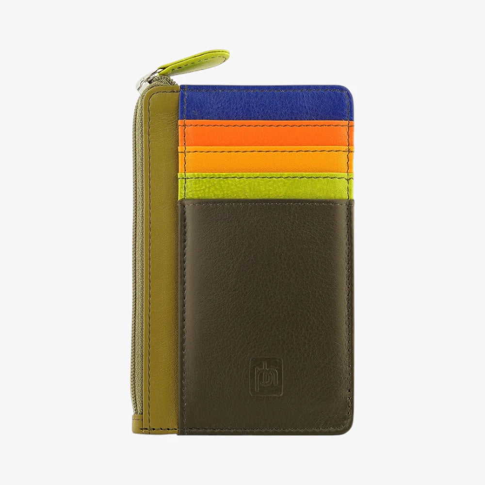 Front view of Olive Leather cardholder purse  with a striped pattern on a white background