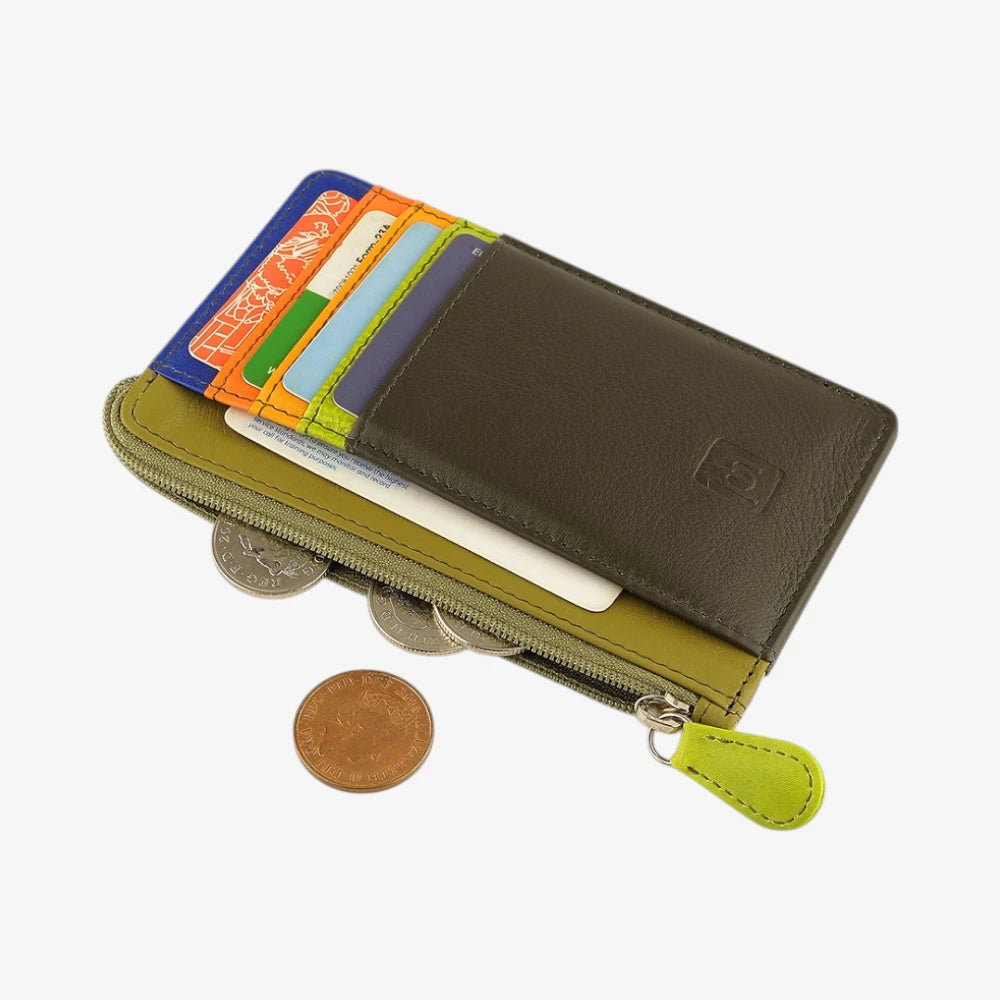 Olive Leather cardholder purse with card slots and coin pouch on a white background