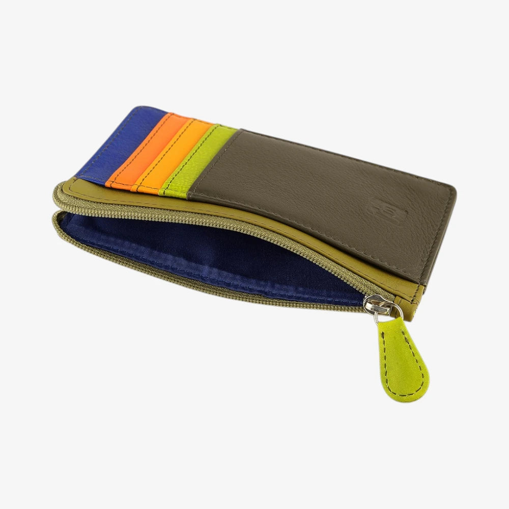 Top view of Olive Leather cardholder purse with a zipper on a white background