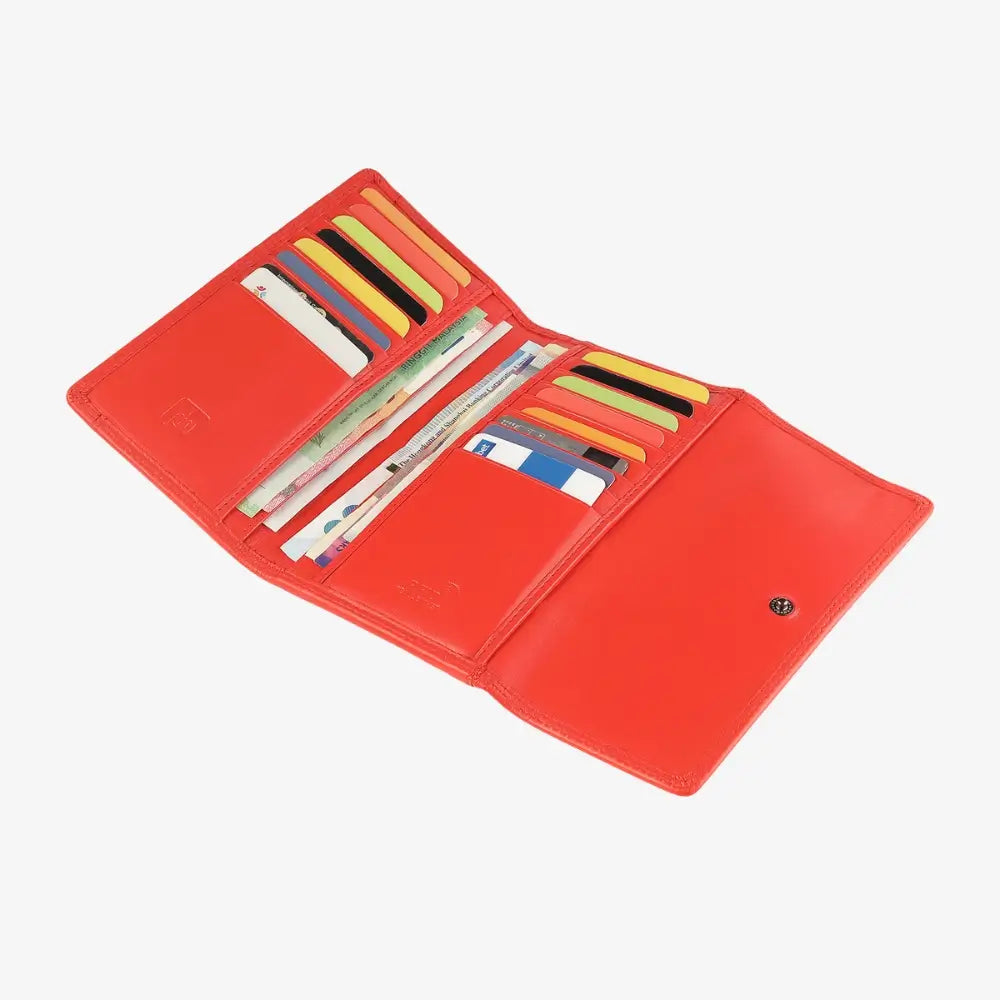 Inside view of Orange wallet with multiple card slots on a white background