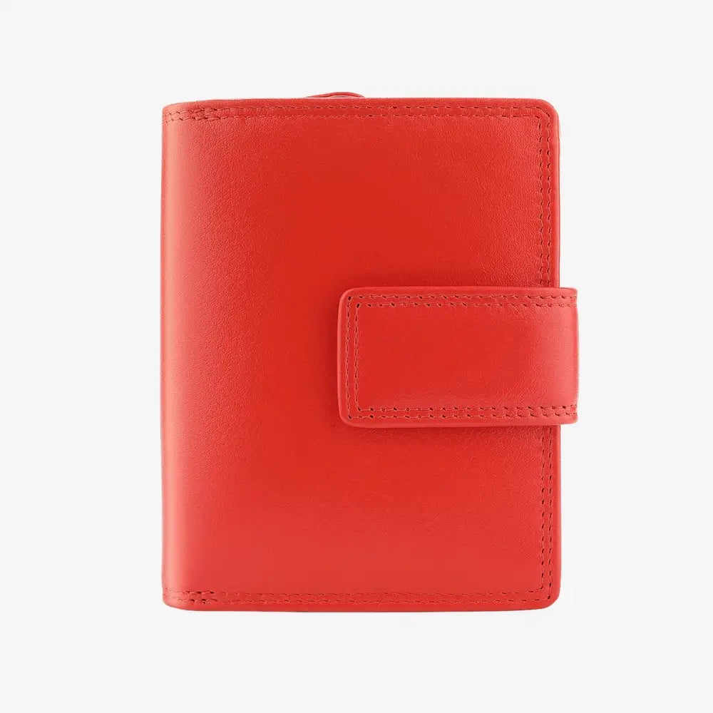 Front view of soft orange leather trifold purse with secure tab fastening