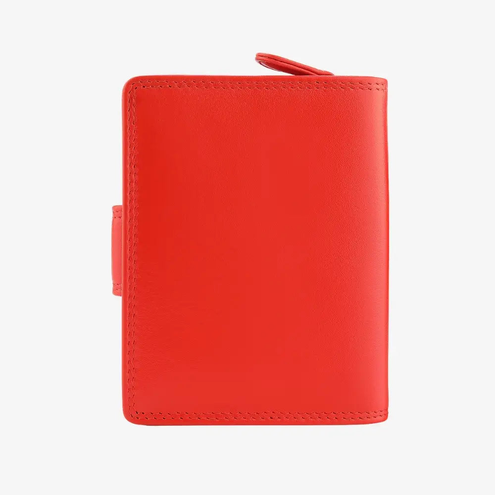 Back view of soft orange leather trifold purse with secure tab fastening