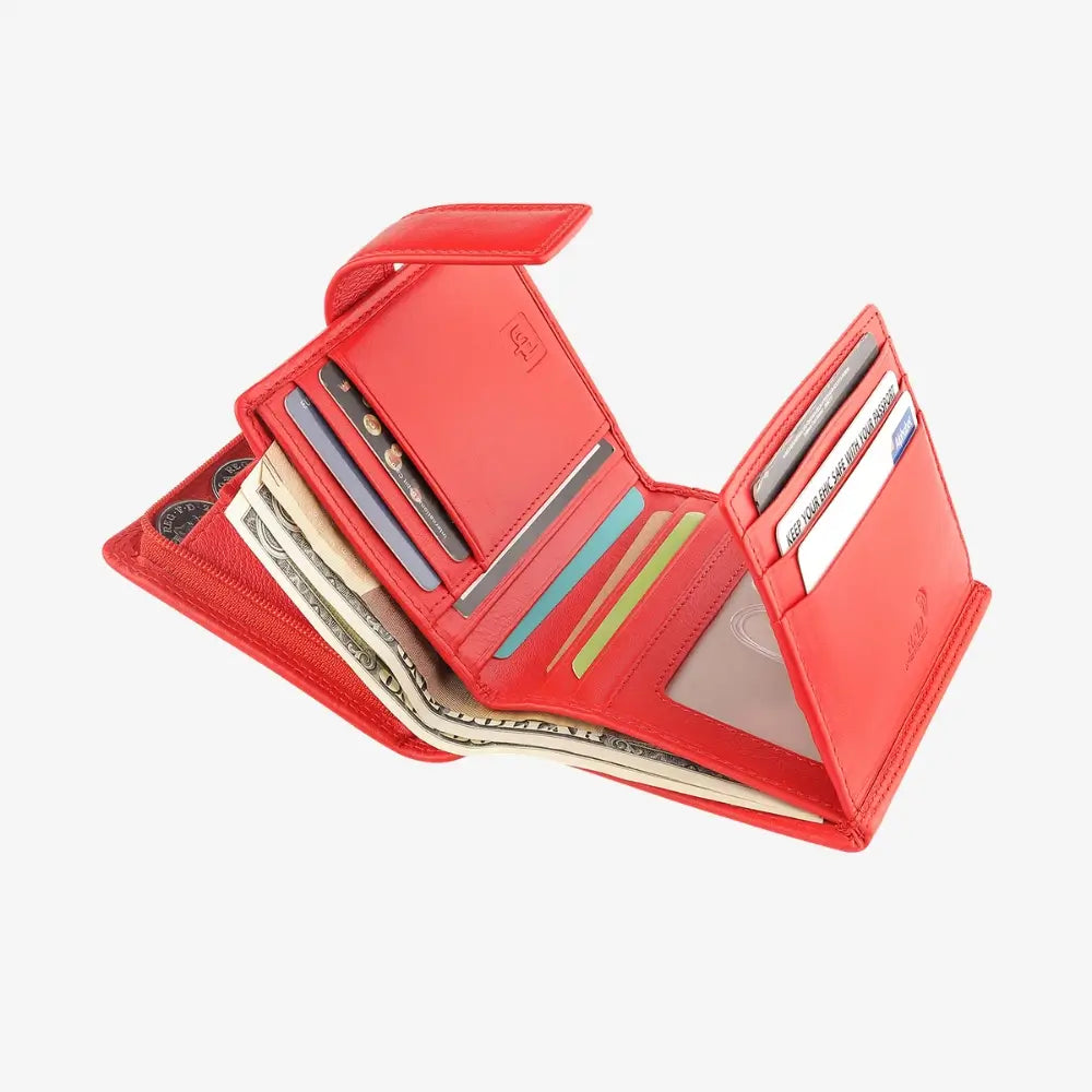 Organised view of soft orange leather trifold purse with secure tab fastening