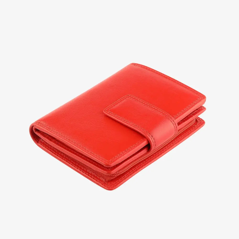 Top view of soft orange leather trifold purse with secure tab fastening