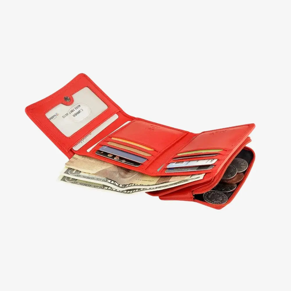 Inside view of Orange wallet with card slots, money, and coins on a white background