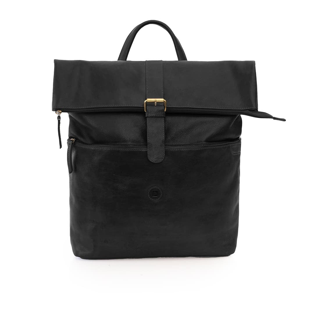 Black leather roll top backpack
