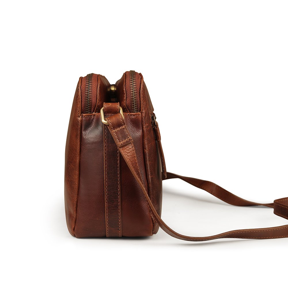 Orion Leather Handbag Double Zipper 2008BRN -3