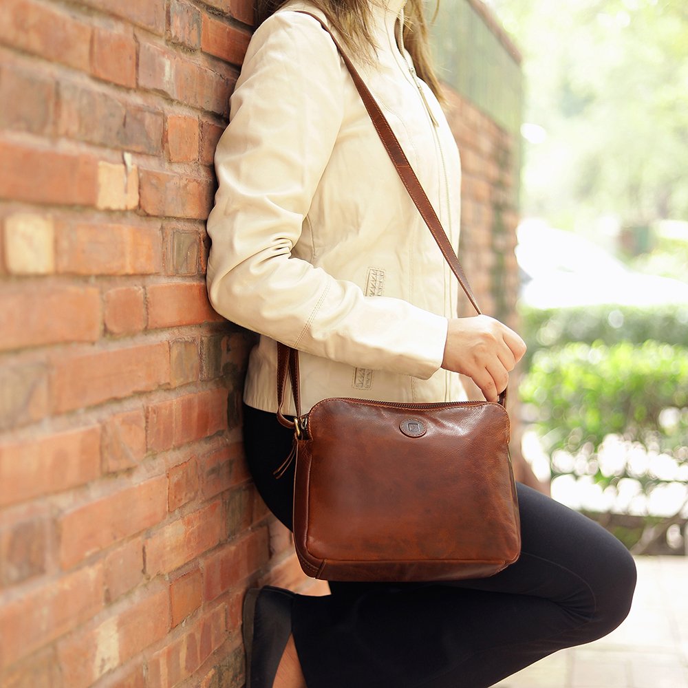 Orion Leather Handbag Double Zipper 2008BRN -5