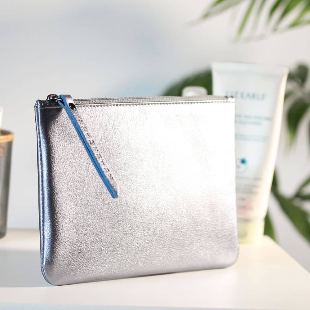 Soft sliver leather makeup pouch medium – front view