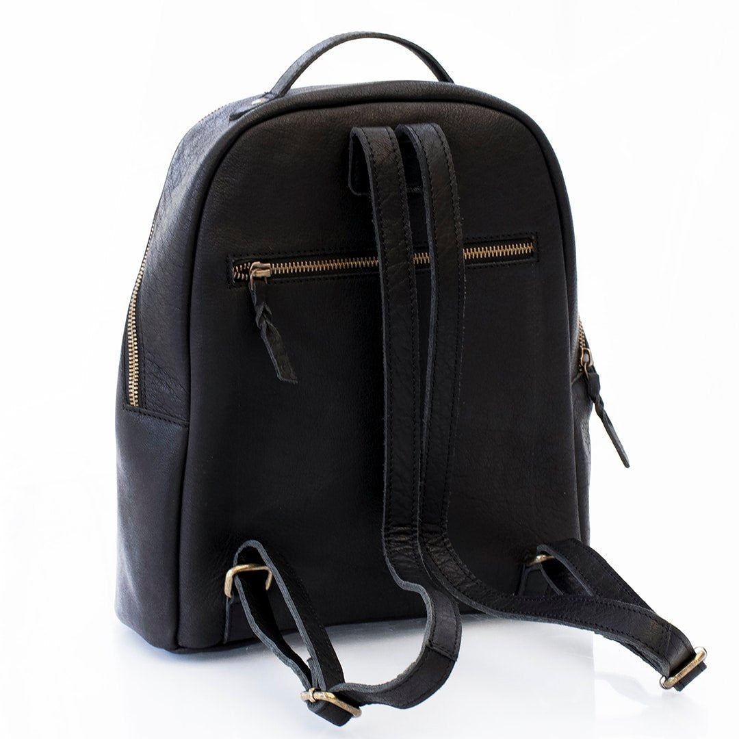 black leather backpack, view of back, there is a hidden zip for seurity