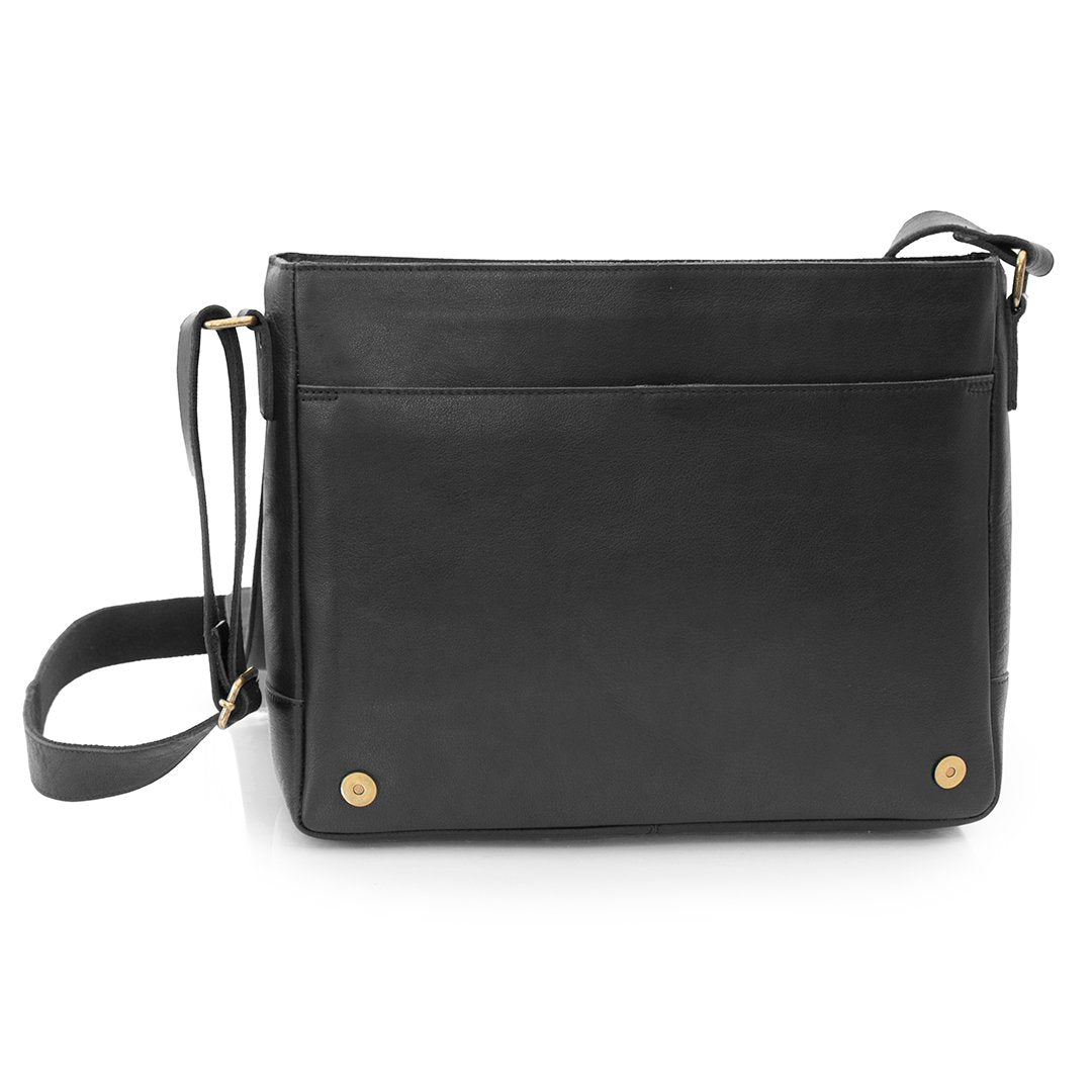 a messenger bag is open to shop a front slip pocket and magnetic button closure