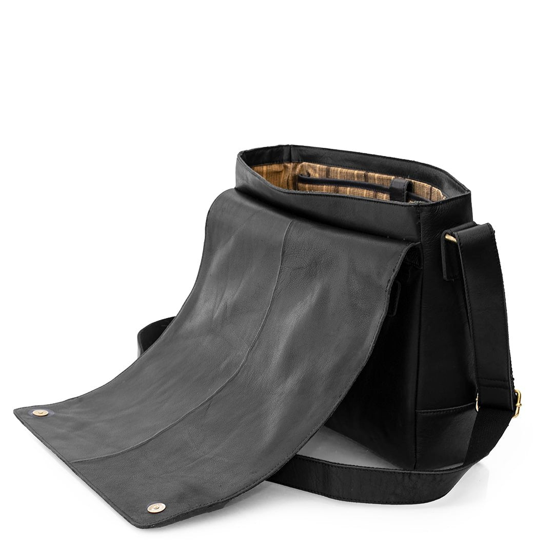 open black leather messenger bag