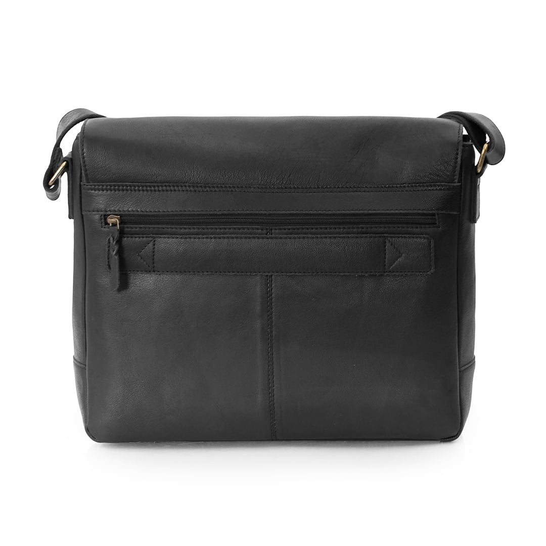 back view of a black leather messenger bag with a zipped pocket