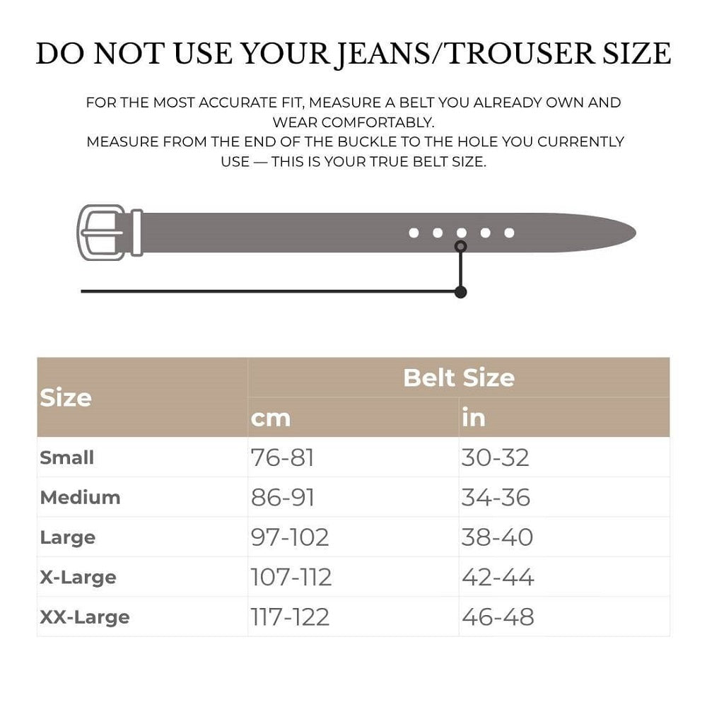 Belt size chart with measurements in centimeters and inches on a white background