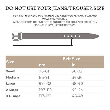 Belt size chart with measurements in centimeters and inches on a white background