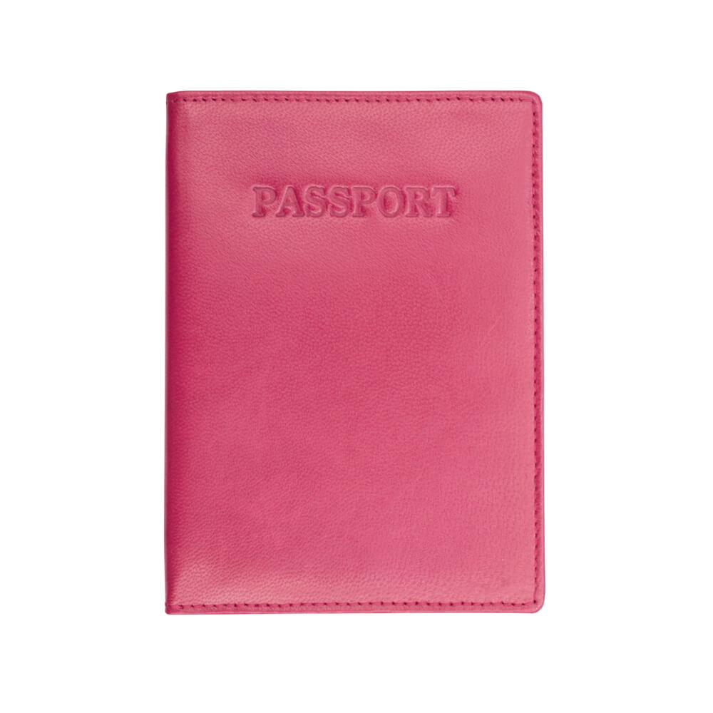 Pink passport holder with 'PASSPORT' embossed on it against a white background