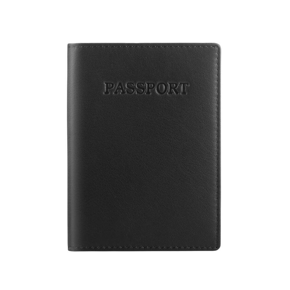 Black passport holder with 'PASSPORT' text on a white background