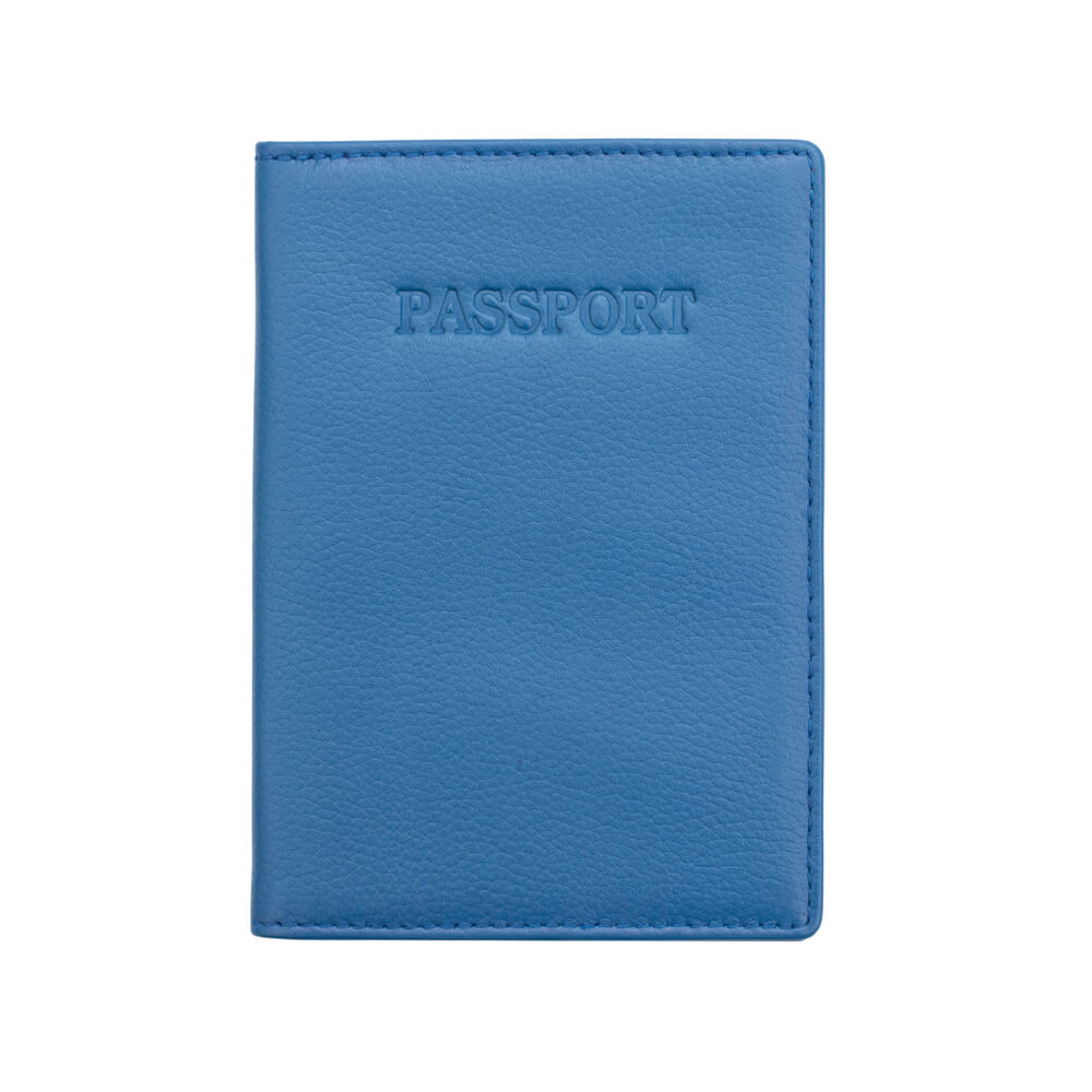 Blue passport holder with 'PASSPORT' embossed on it against a white background