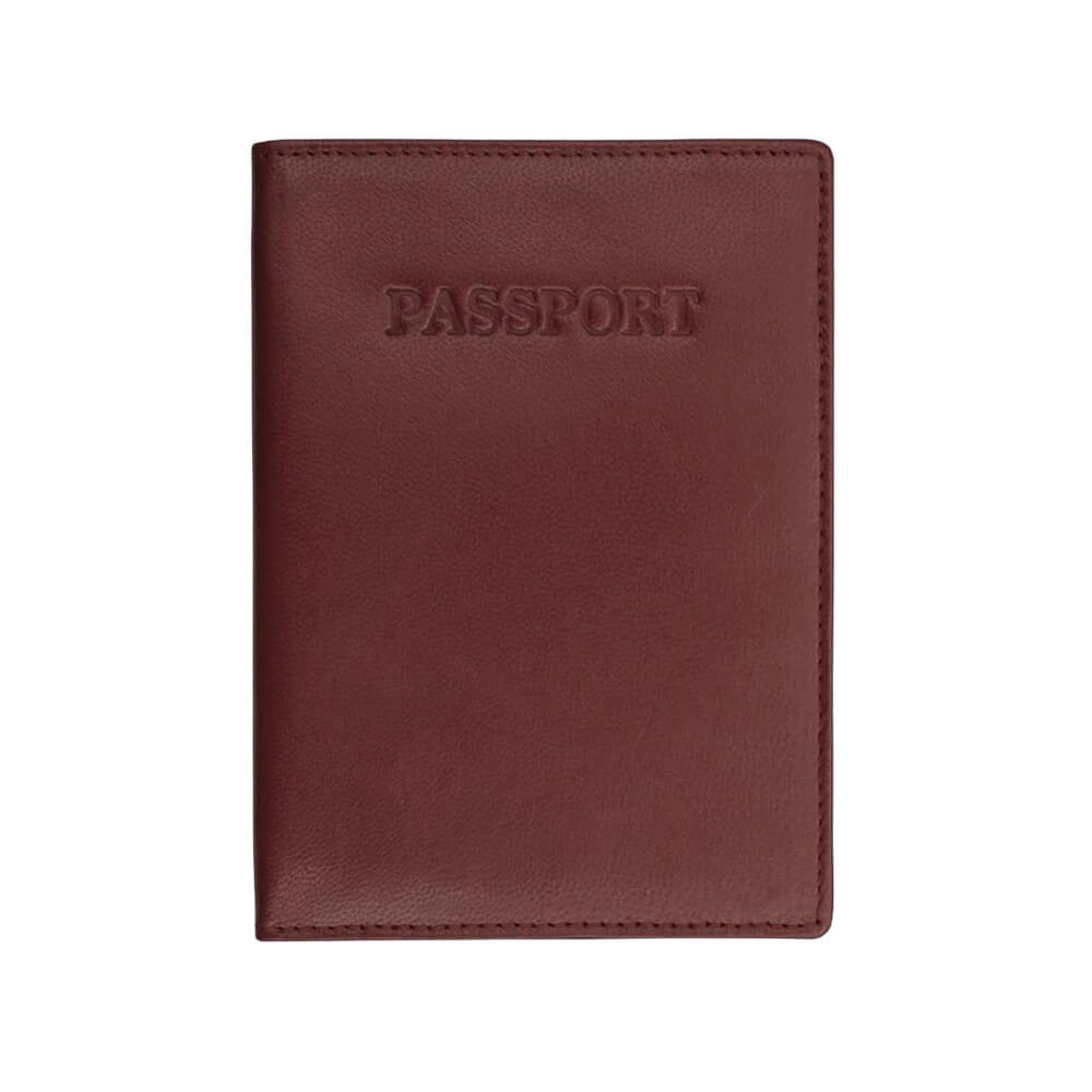 Brown leather passport holder on a white background