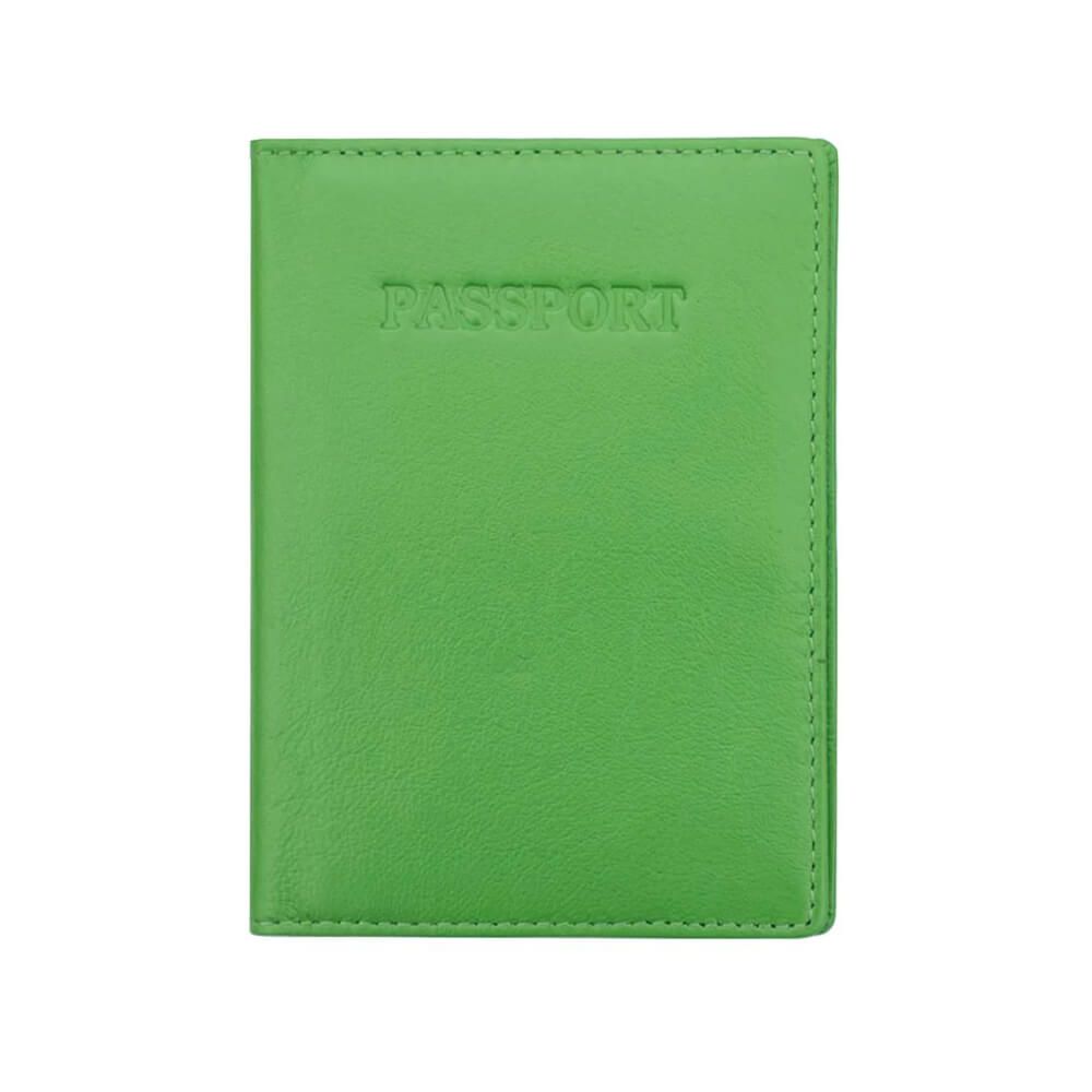 Green passport holder on a white background