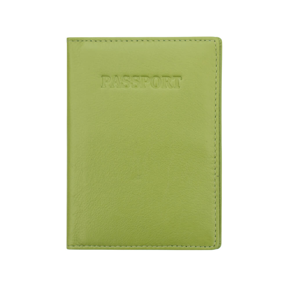 Green passport holder with 'PASSPORT' text on a white background