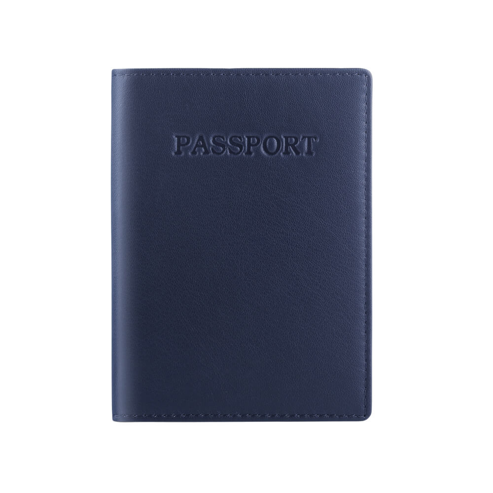 Navy blue passport holder with 'PASSPORT' embossed on the cover against a white background