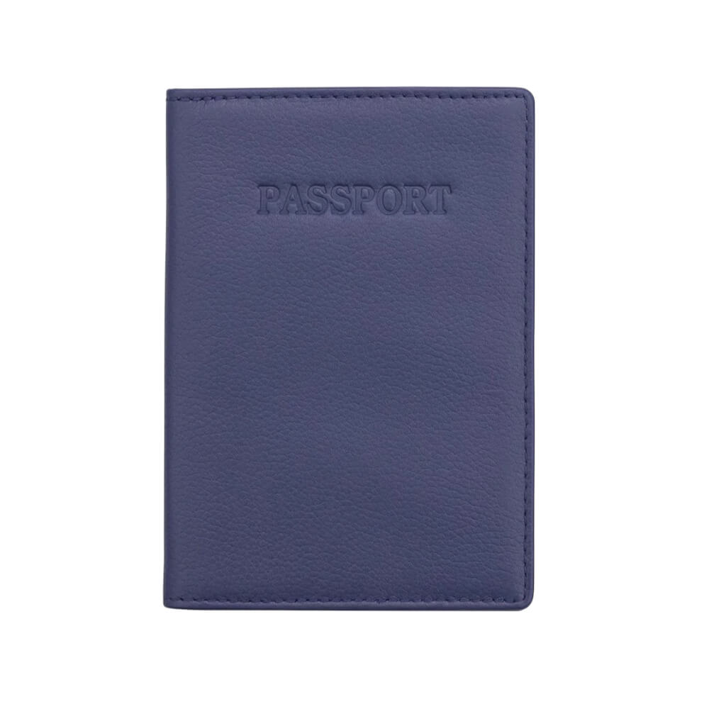 Purple passport holder with 'PASSPORT' embossed on it against a white background
