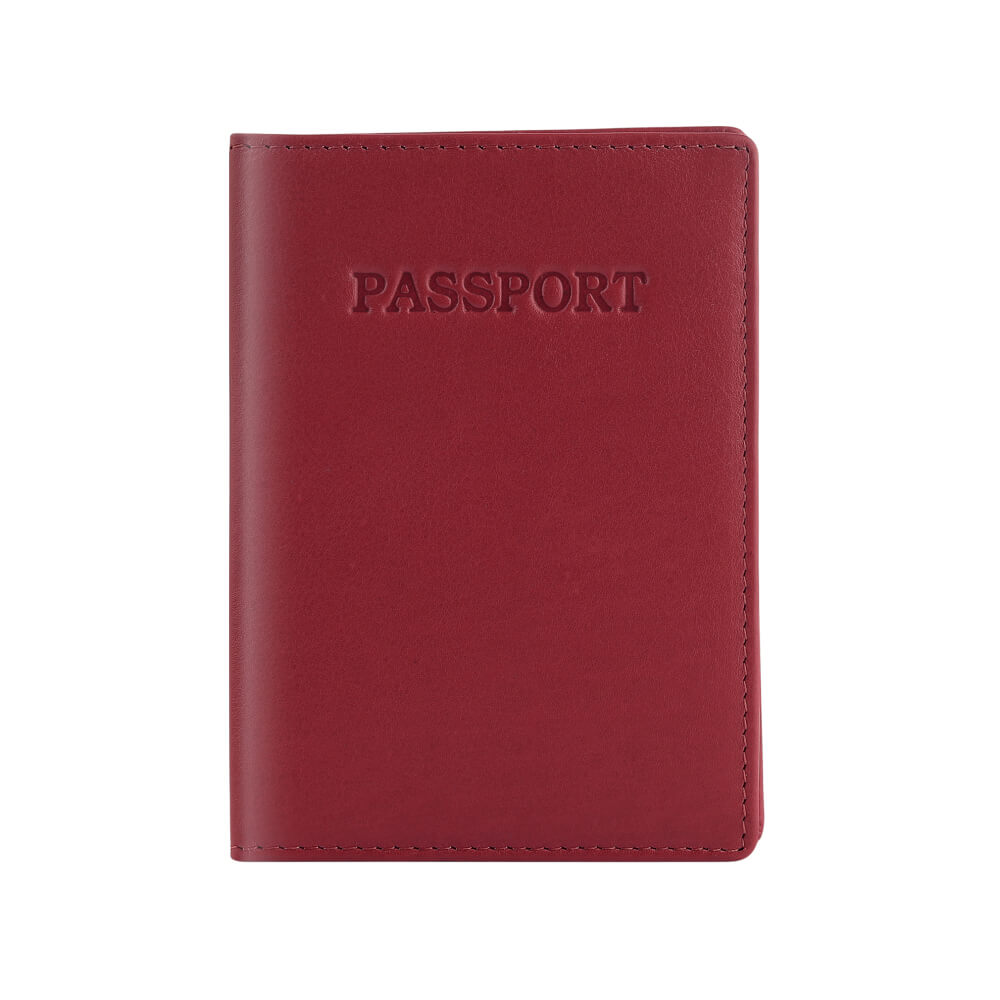 Red passport holder with 'PASSPORT' text on a white background
