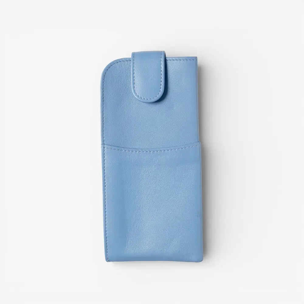 Pastel blue leather glasses pouch on a white background