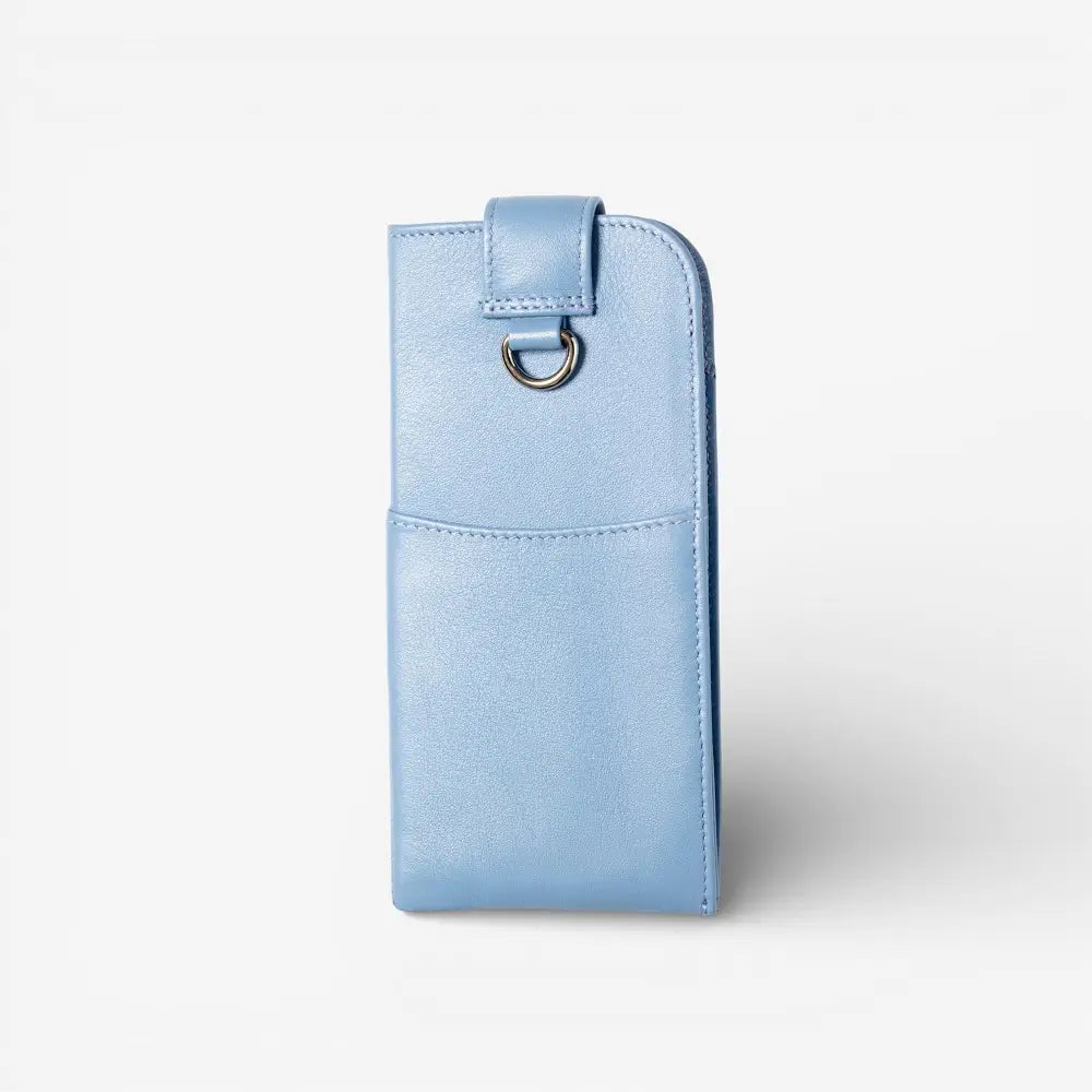 Pastel blueleather glasses pouch with a strap on a white background