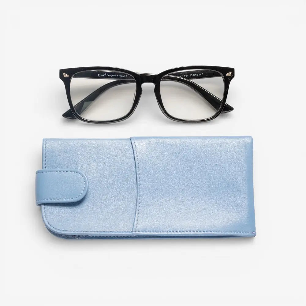 Black glasses on a pastel blue case against a white background