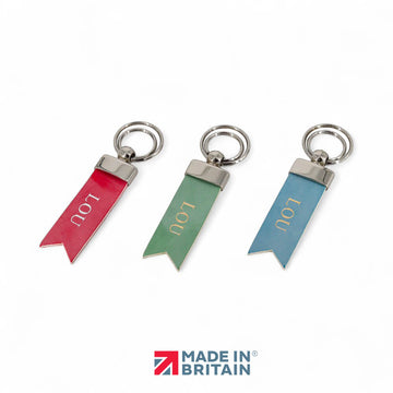 Three colorful keychains  on a white background, featuring the 'Made in Britain' logo.