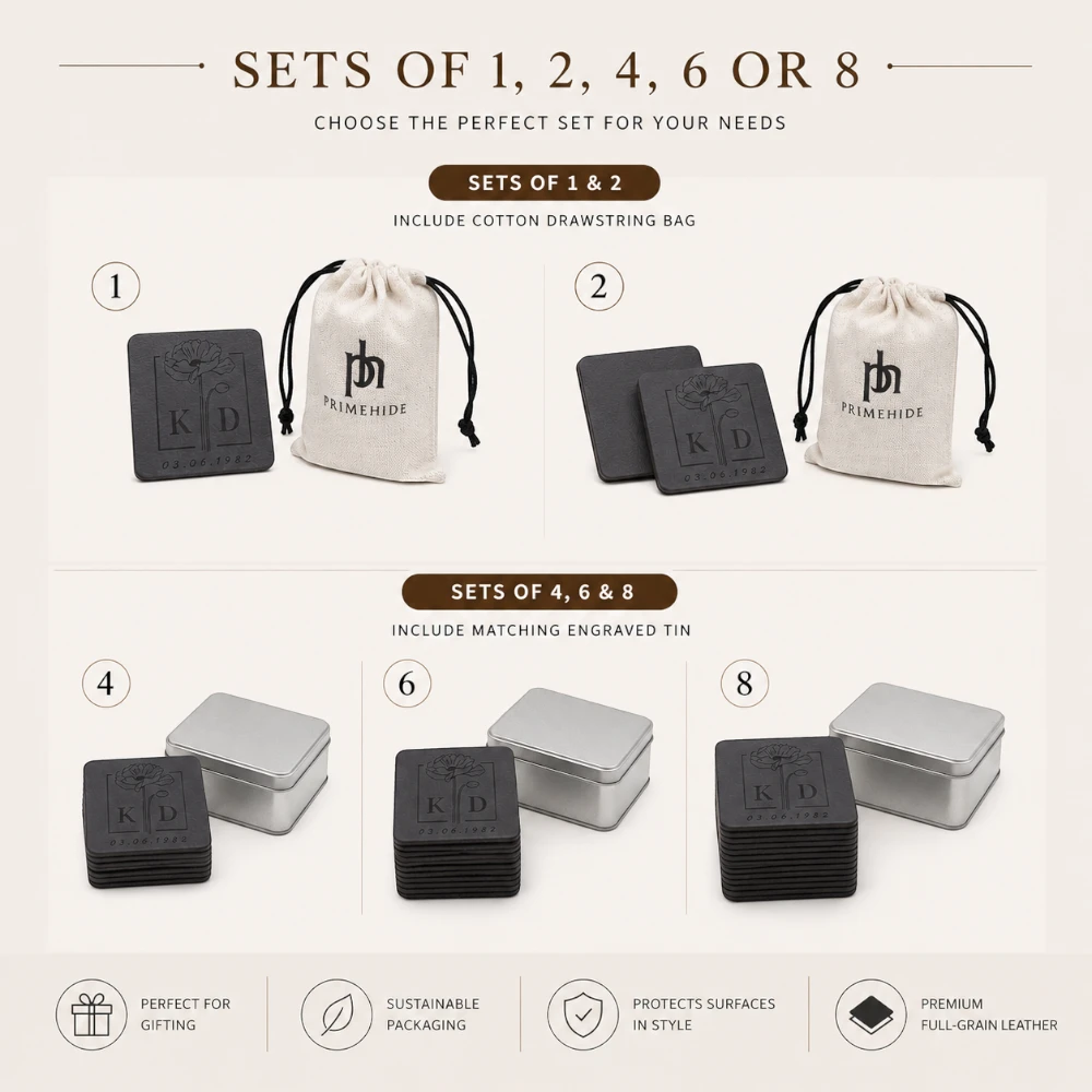 Product set options with black square items and white bags on a beige background
