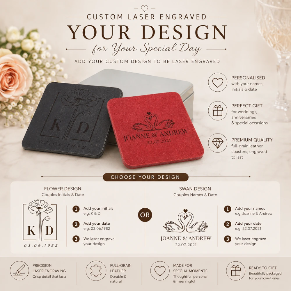 Two engraved coasters with customizable designs on a decorative background