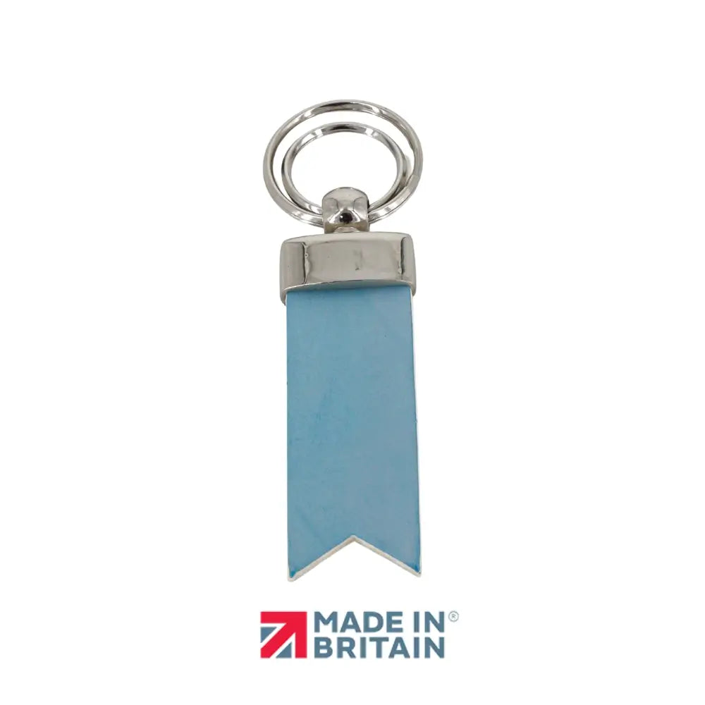 Blue keychain with silver ring on a white background, featuring 'Made in Britain' logo.