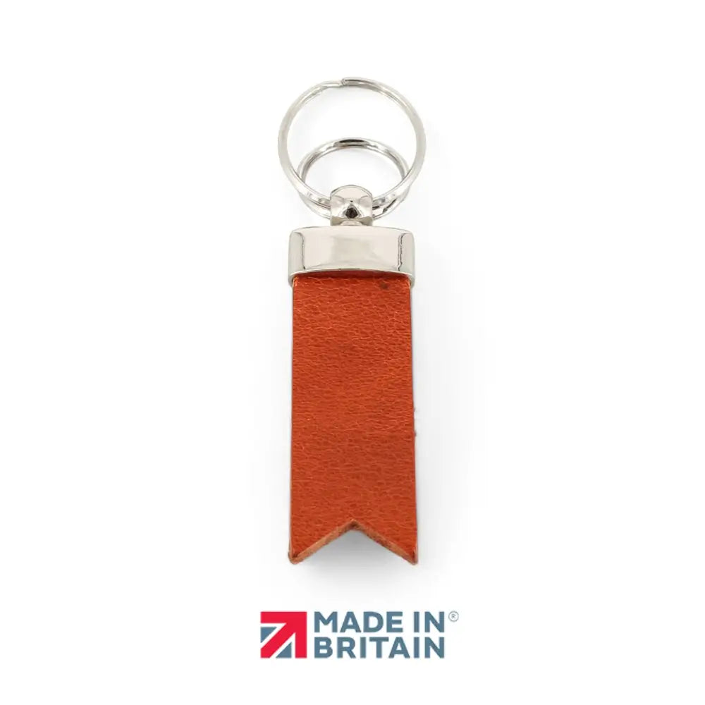Brandy leather keychain with silver ring on a white background, featuring 'Made in Britain' logo.