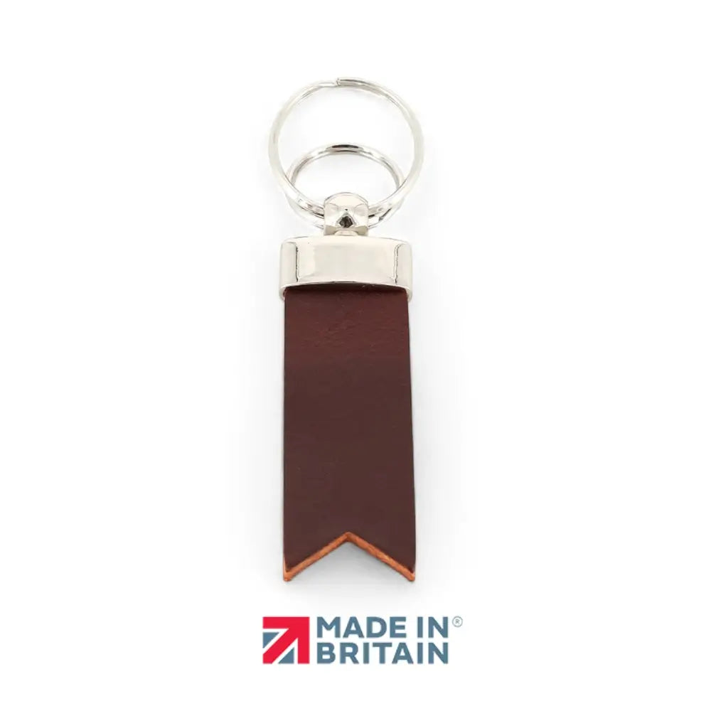 Brown leather keychain with silver ring on a white background, featuring 'Made in Britain' logo.
