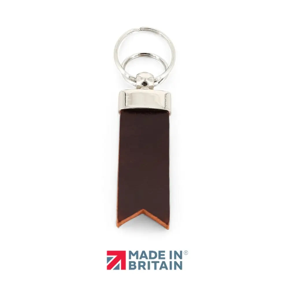 Chocolate leather key fob with silver ring on a white background, featuring 'Made in Britain' logo.