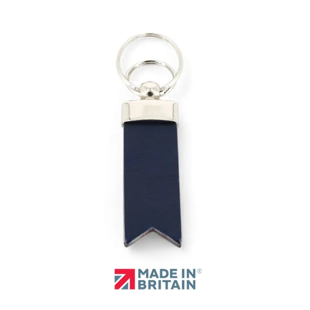Navy blue keychain with silver ring on a white background, featuring 'Made in Britain' logo.