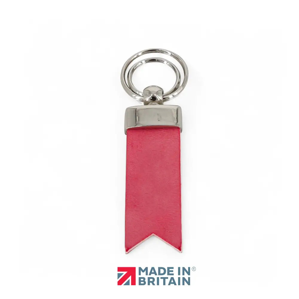 Pink leather keychain with silver ring on a white background, featuring 'Made in Britain' logo.